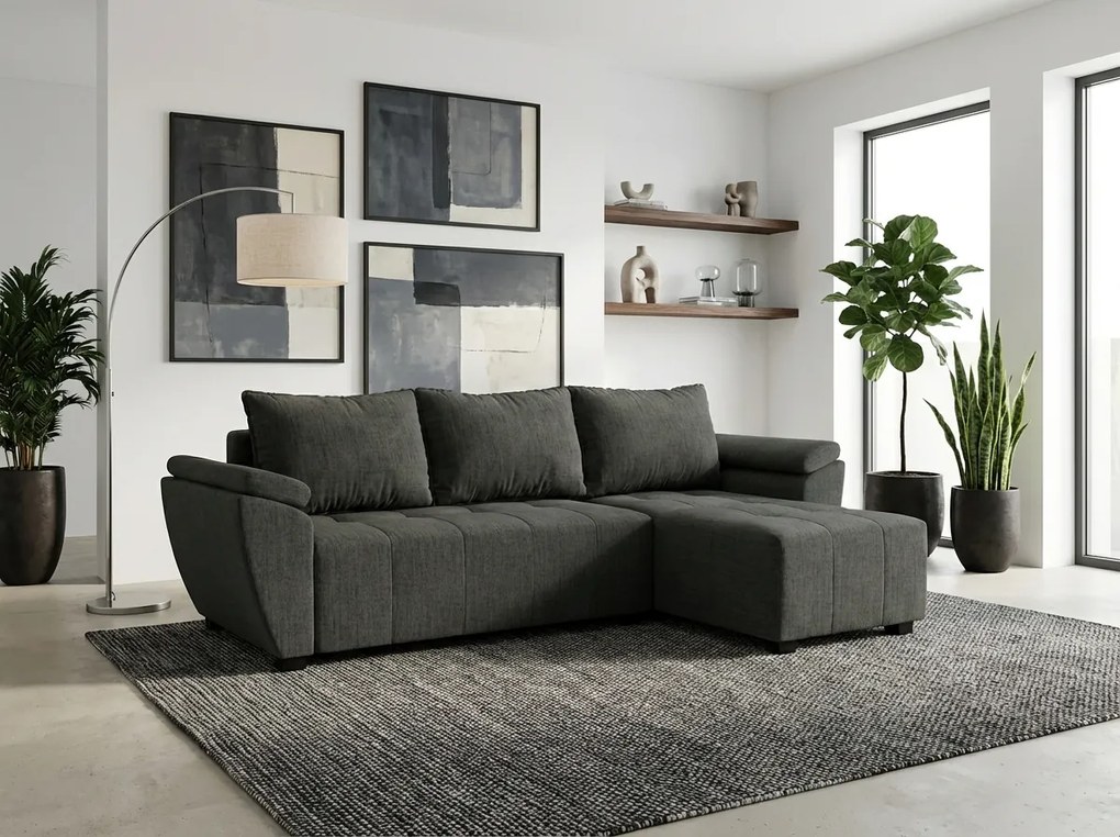 Rozkładana narożna sofa LIVARO 251x140 cm, ciemnoszara, uniwersalna