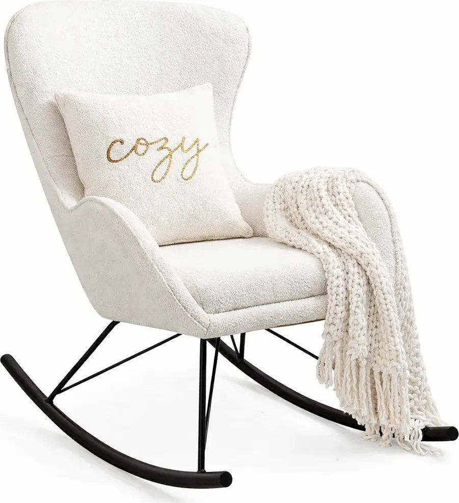 Biały fotel bujany z tkaniny boucle B9-R75