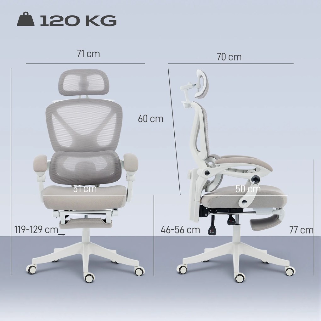 HOMCOM Fotel biurowy, ergonomiczne krzesło biurowe z podnóżkiem, funkcją kołysania, podłokietnikami, siatka, szary | Aosom PL