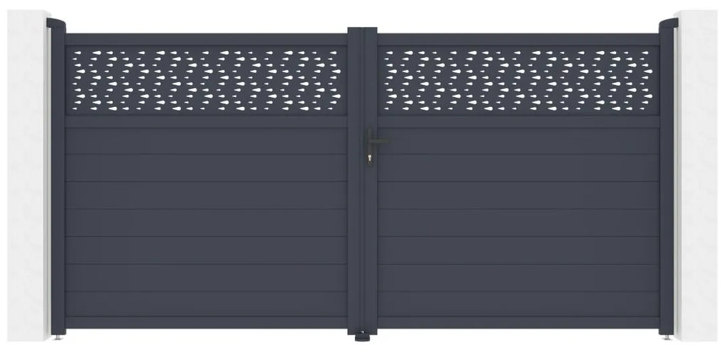 Brama elektryczna rozwierna półpełna z antracytowego aluminium z wzorem szer. 355 x wys. 182 cm - BAZIO