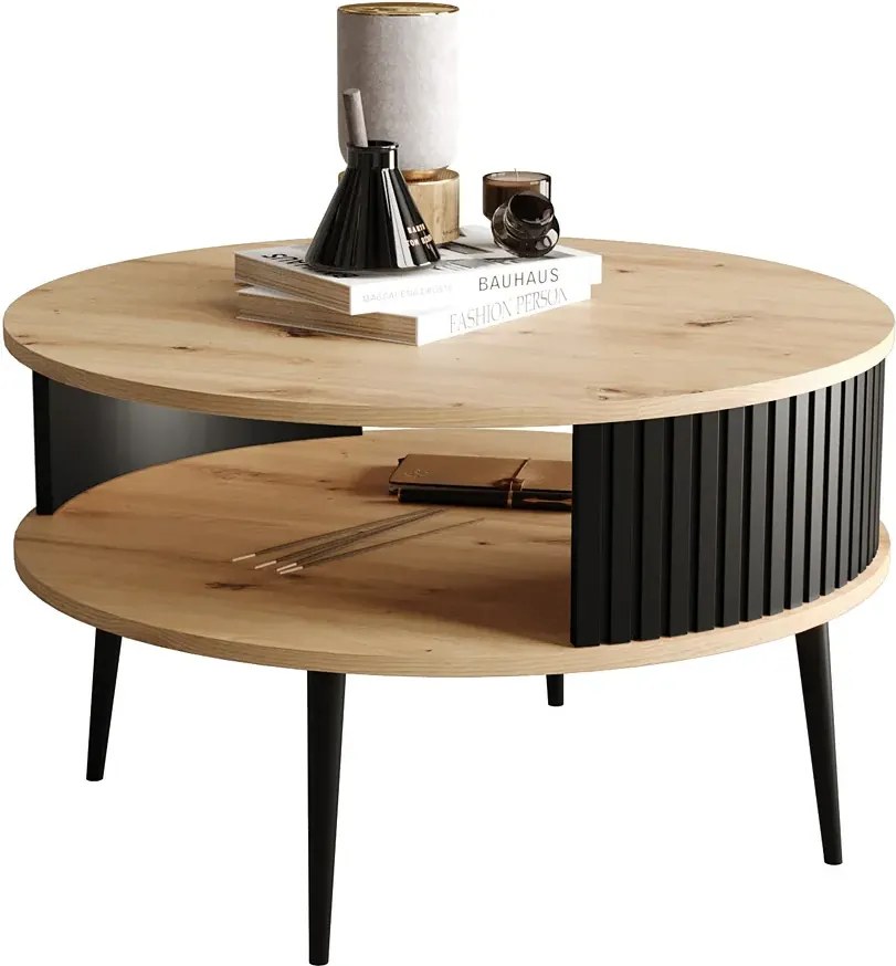 Okrągły loftowy stolik kawowy dąb artisan + czarny - Tubbi 3X