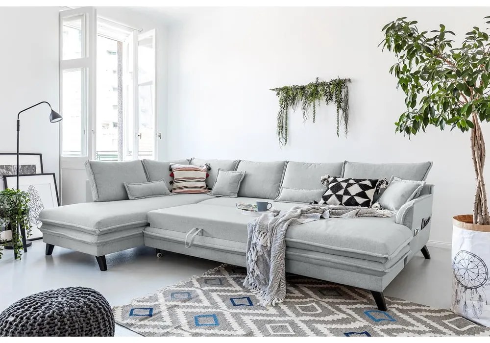 Jasnoszara rozkładana sofa w kształcie litery "U" Miuform Charming Charlie, lewostronna