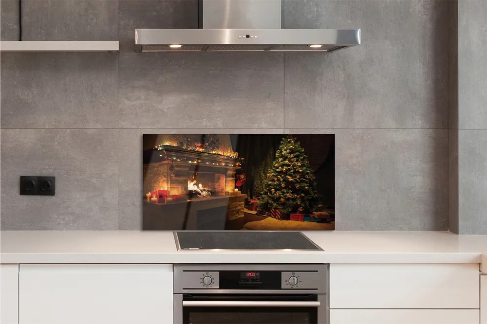 Szklany Panel Świąteczny Salon z Kominkiem