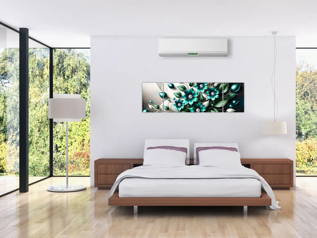 Obraz - 3D turkusowe kwiaty (170x50 cm)