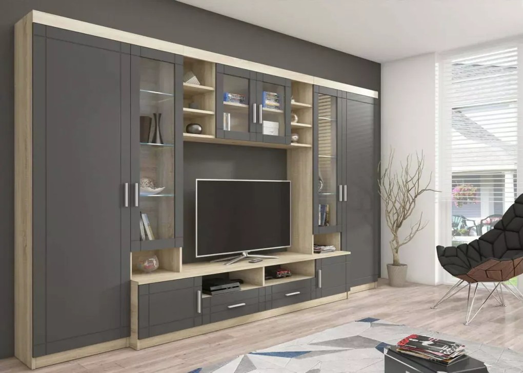 Elegancka meblościanka Pari w kolorze Grafit+Sonoma do salonu