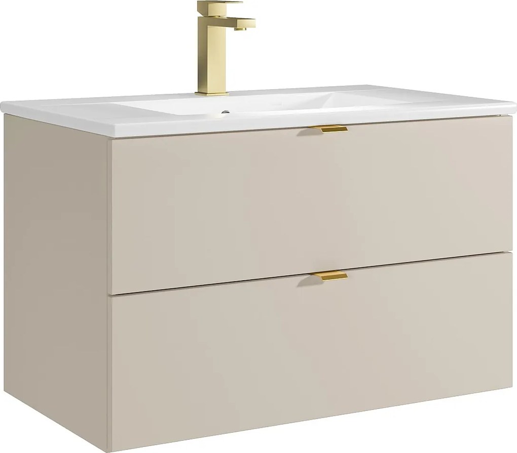 Podwieszana szafka łazienkowa z umywalką nablatową i kranem - Beżowa - 80 cm - LAVENA