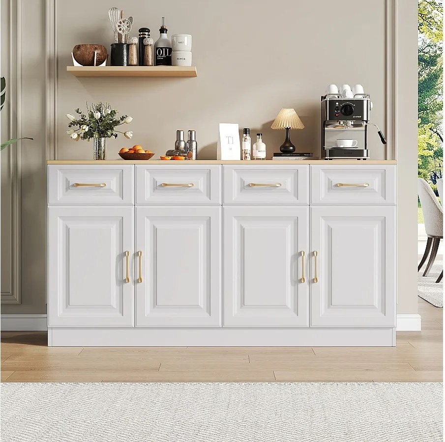 Nowoczesny kredens - 140 x 40 x 75 cm - z 4 szufladami + 4 drzwiami - do jadalni i salonu - płyta wiórowa - biały