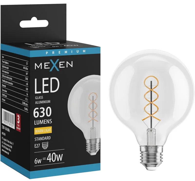 Mexen Vintis żarówka filament spirala LED E27, G95, 6W, Ciepła - 2700K, 630 lm, clear - L167-E27-0627-00