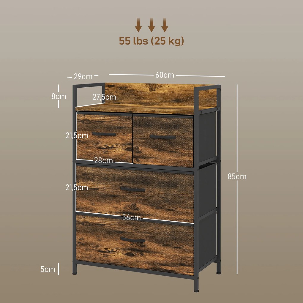 HOMCOM Komoda, Kredens, 4 Szuflady Materiałowe, Design Industrialny, 60x29x85cm, Brąz/Czarny