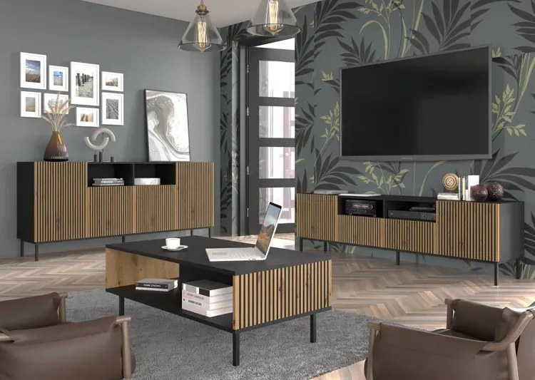 Szafka lamelowa rtv czarny z szufladami + dąb artisan C3-A80