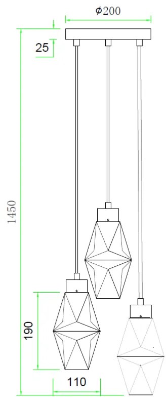 Wiszący żyrandol sufitowy CRYSTAL TRIO, czarny metal