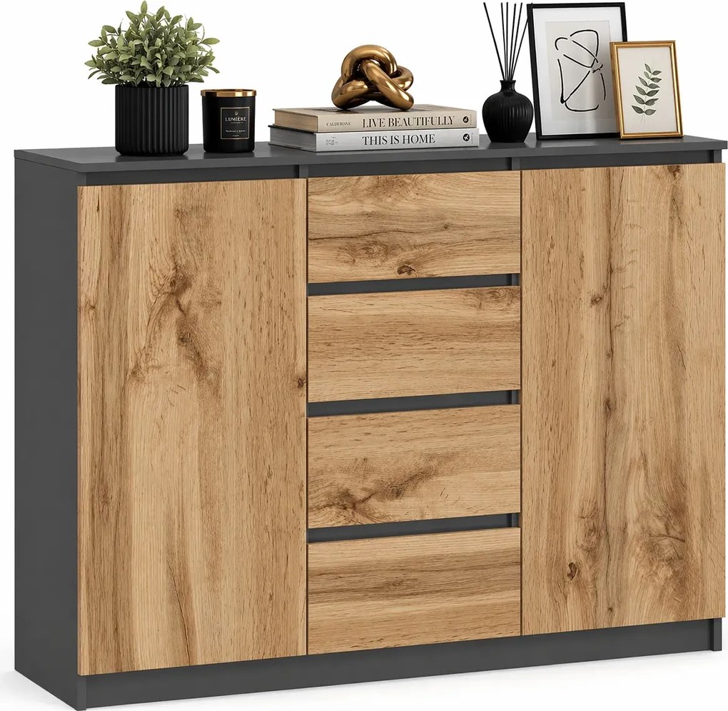 Duża Komoda Z Szufladami Antracyt + Dąb Wotan D3-T41
