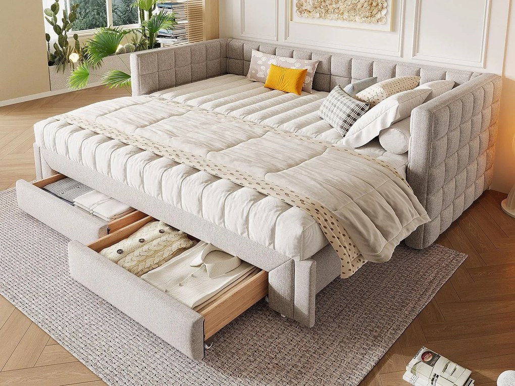 Łóżko piętrowe 90/180x200cm z weluru - z tapicerowanym oparciem i 2 szufladami - Beżowe