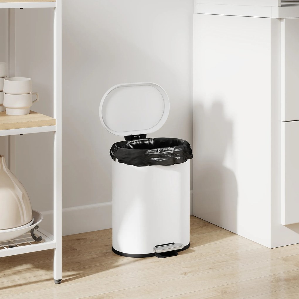 HOMCOM Kosz na śmieci 12 l, kosz pedałowy z pokrywą, pedał nożny, wkład wewnętrzny, funkcja soft-close, 30 x 25,5 x 37,5 cm, biały
