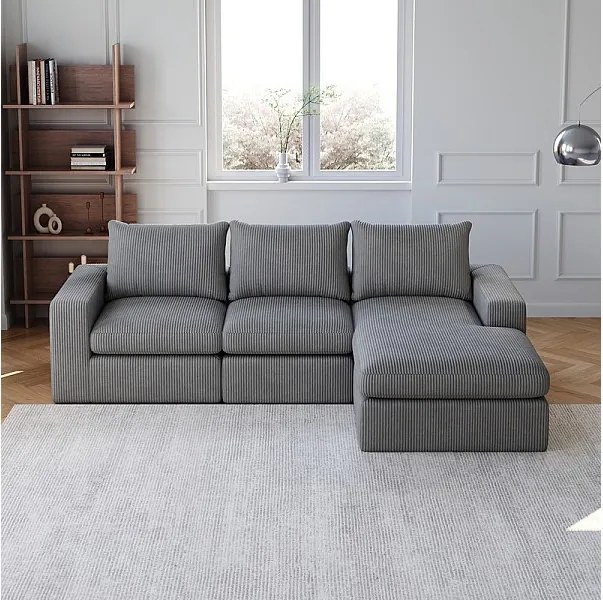 Modułowa Narożna Sofa 3-osobowa, z Kordem, z Reversybilną Leżanką, 3 Poduszkami i Poduszkami pod Głowę, Grafitowy