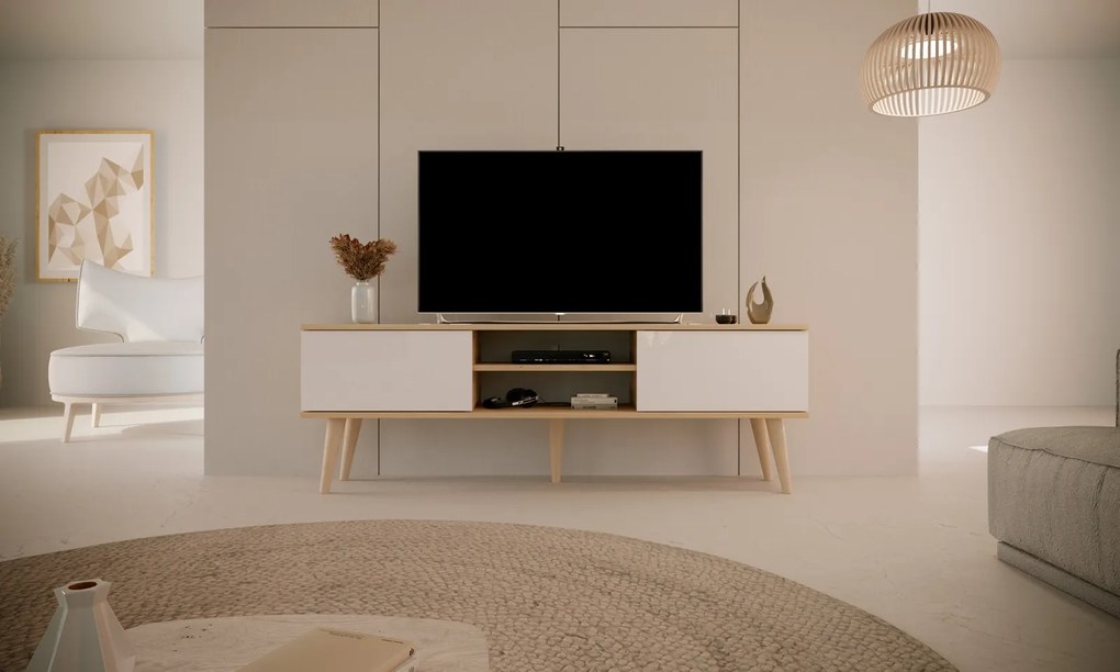 Szafka RTV na drewnianych nogach Toronto 160 dąb artisan/biały