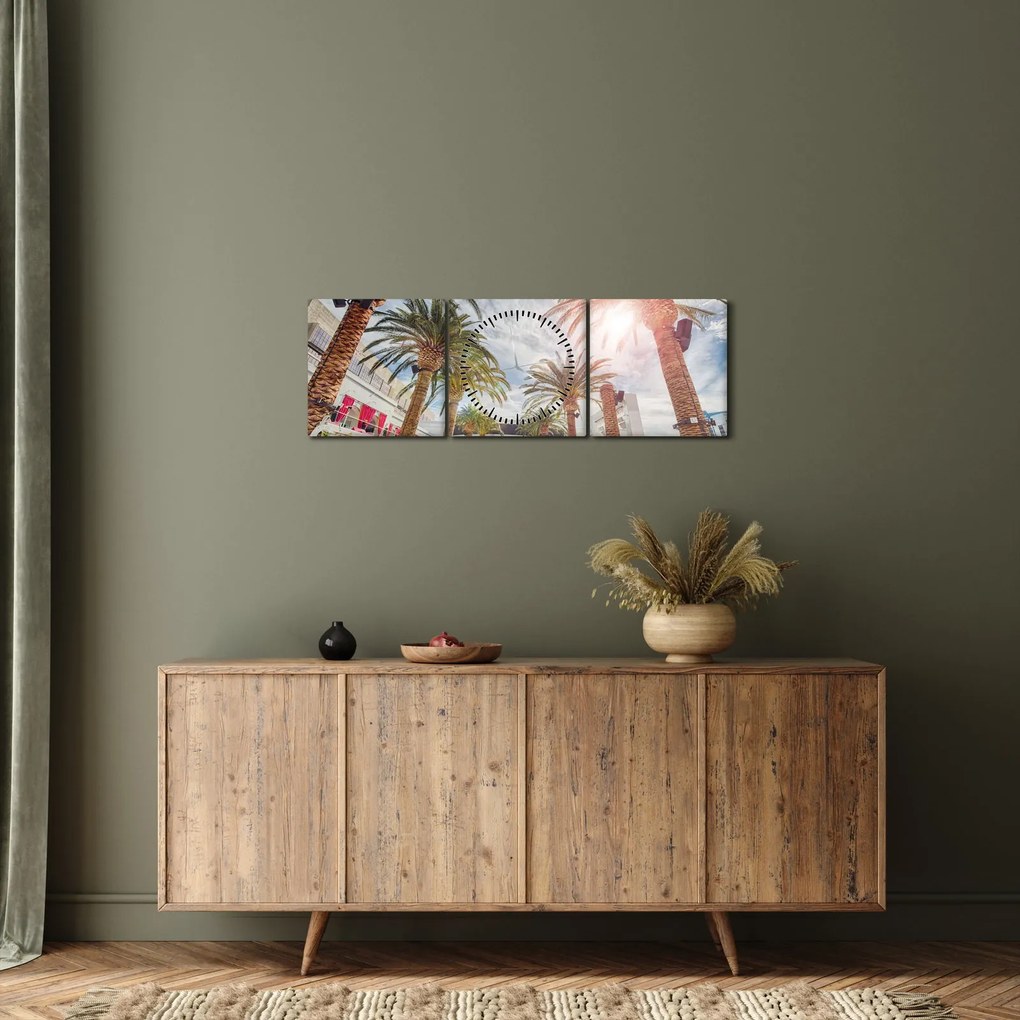 Obraz - palmy z basenem (z zegarem) (90x30 cm)