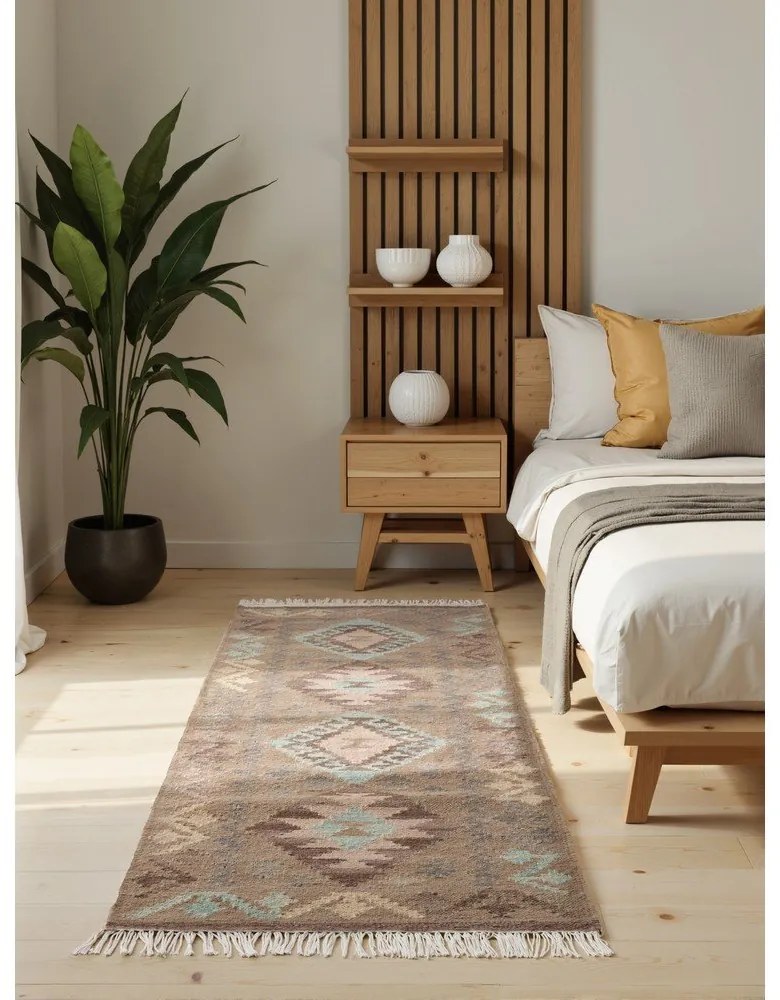 Jasnoniebiesko-beżowy wełniany chodnik dwustronny tkany ręcznie 60x190 cm Kamal Dune – Nouristan