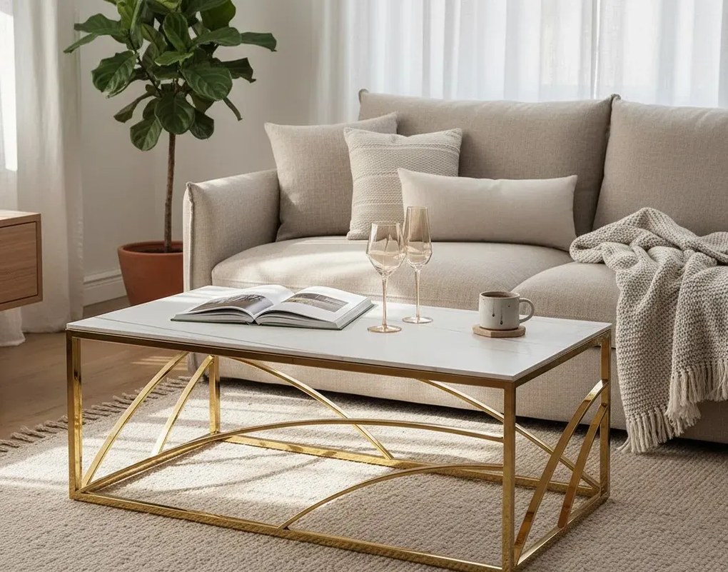 Złota ława glamour z blatem bialy marmur S5-D63