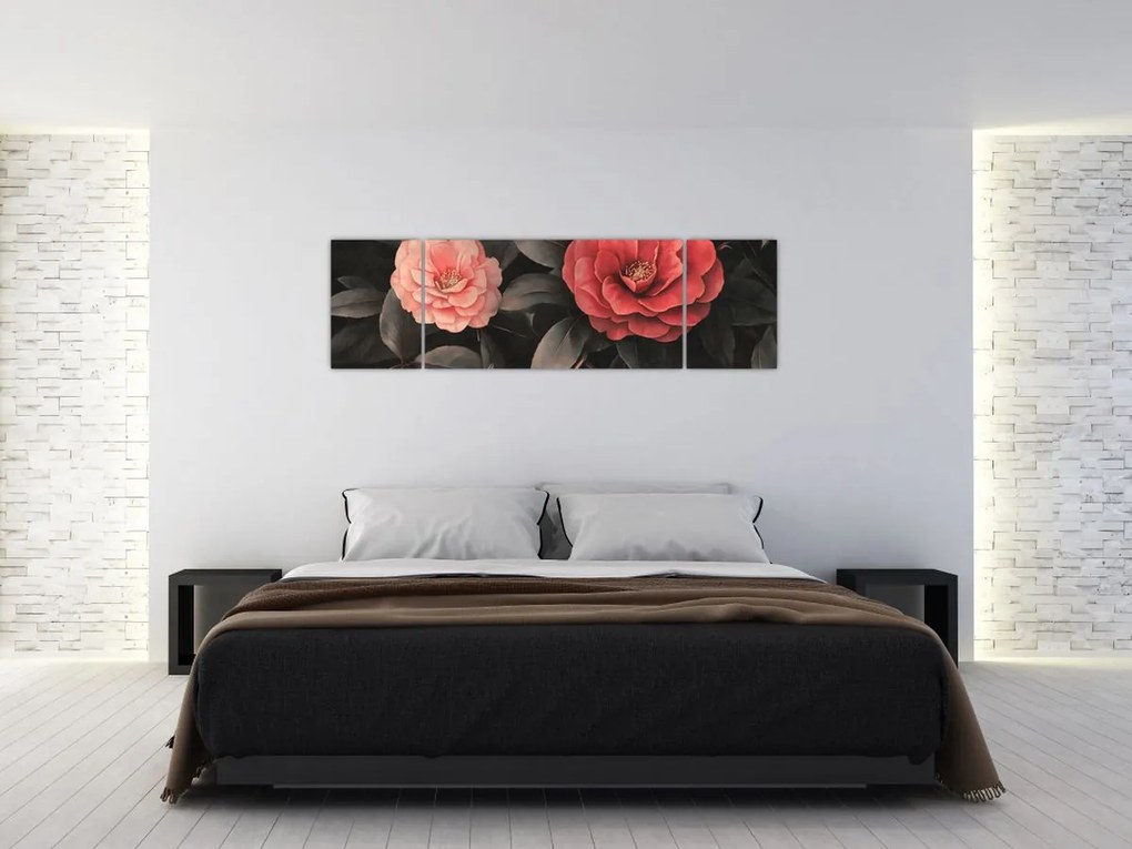 Obraz - Czerwone kwiaty na ciemnym tle (170x50 cm)