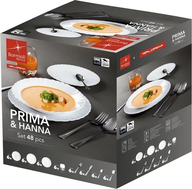 Bormioli Rocco 48-częściowy zestaw obiadowy z sztućcami Prima & Hanna