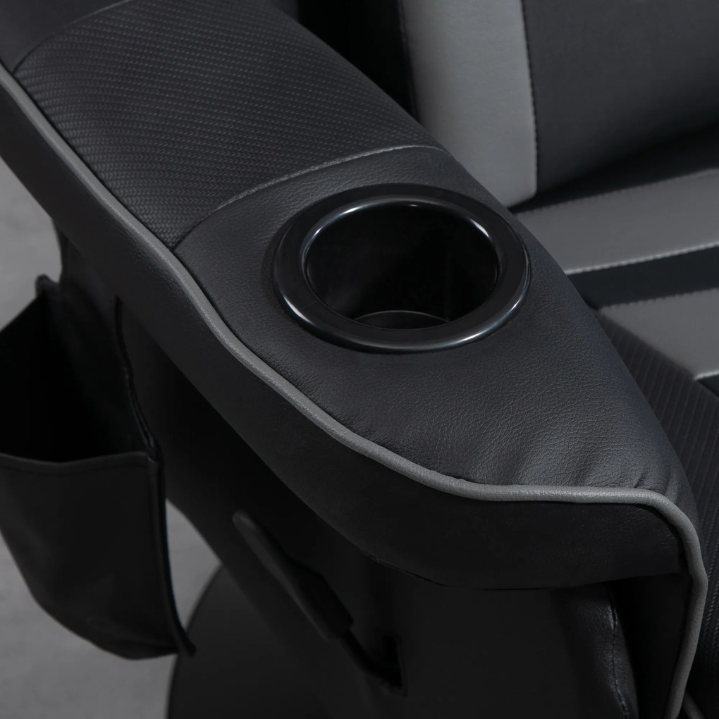 HOMCOM Fotel do gier z funkcją masażu, regulowane oparcie, podnóżek, do 120 kg, konstrukcja stalowa, Skóra Ekologiczna, Szary