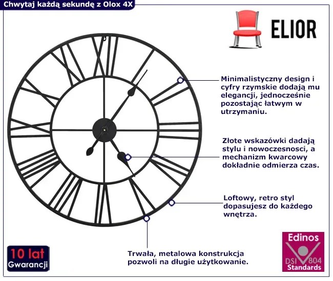 Loftowy czarny zegar ścienny 80 cm K4-L86
