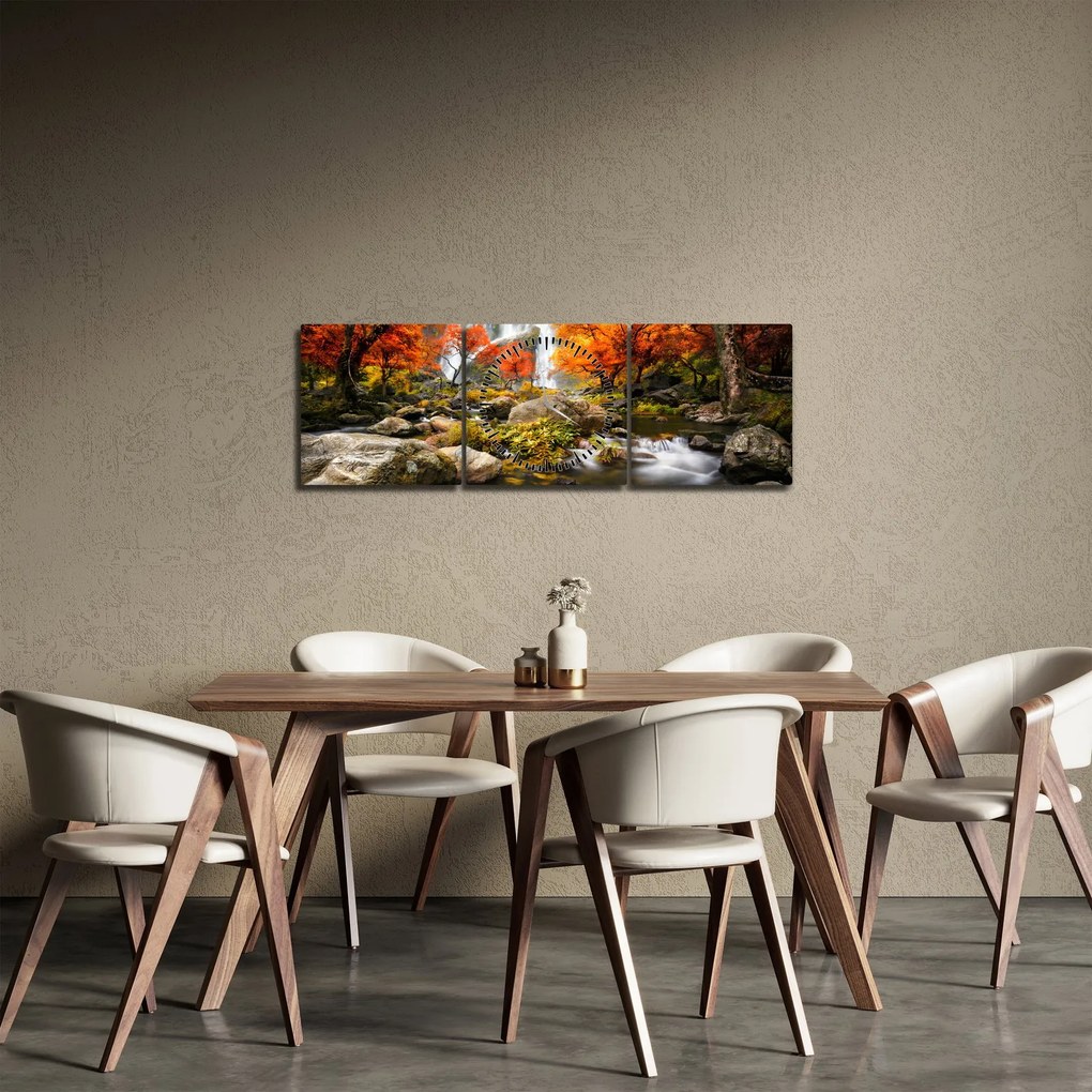 Obraz - Wodospady w jesiennym krajobrazie, pomarańczowy (z zegarem) (90x30 cm)