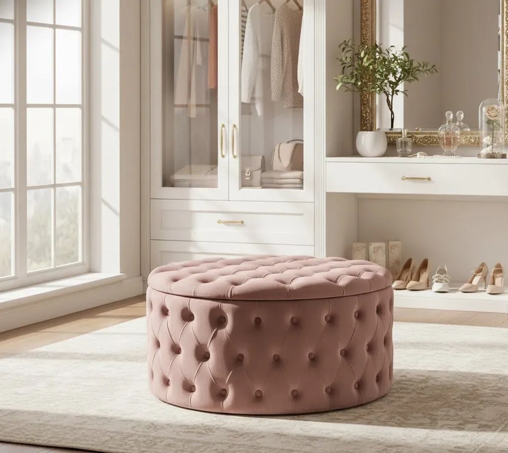 Różowa welwetowa pufa z pojemnikiem A4-A15