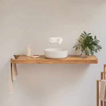 Zestaw Mebli Łazienkowych 130x45 Cm Wiszący Z Drewna Tekowego Neill Drewno Tekowe & Okrągły Ceramiczny Biały Ø40 Cm Lenka & Bezlusterkowiec & Biały Wb