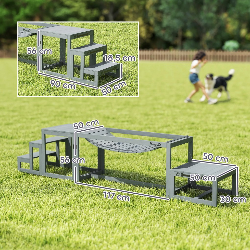 PawHut Zestaw agility dla psów 3-częściowy zestaw sprzętu agility z mostem, schodami, platformą, z drewna świerkowego, 117 x 50 x 56 cm, Szary | Aosom PL