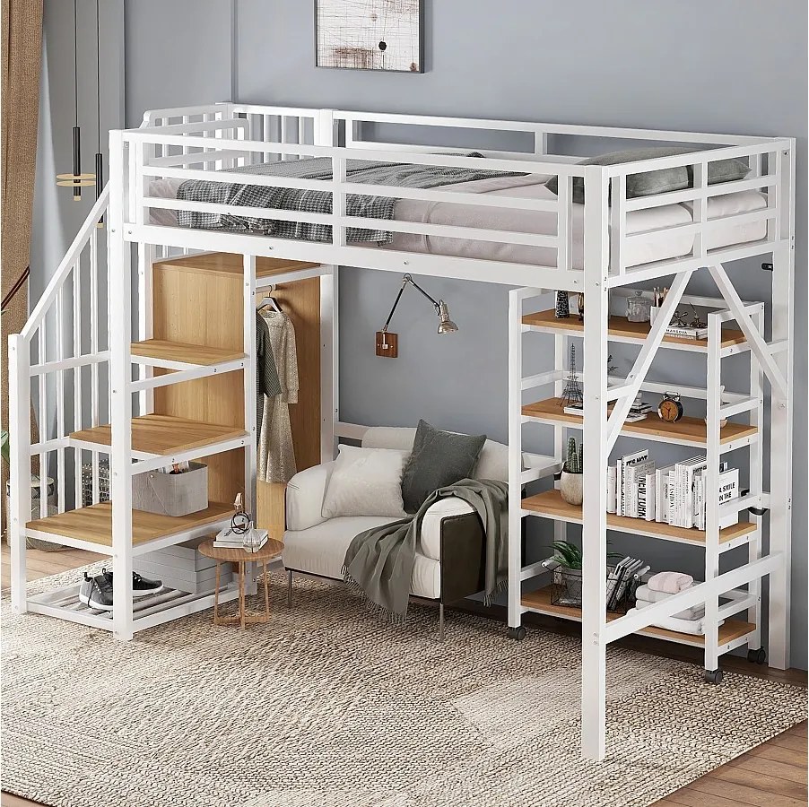 Łóżko z misą 90x200 cm - Łóżko młodzieżowe z szafą i półkami - białe i naturalne - bez materaca