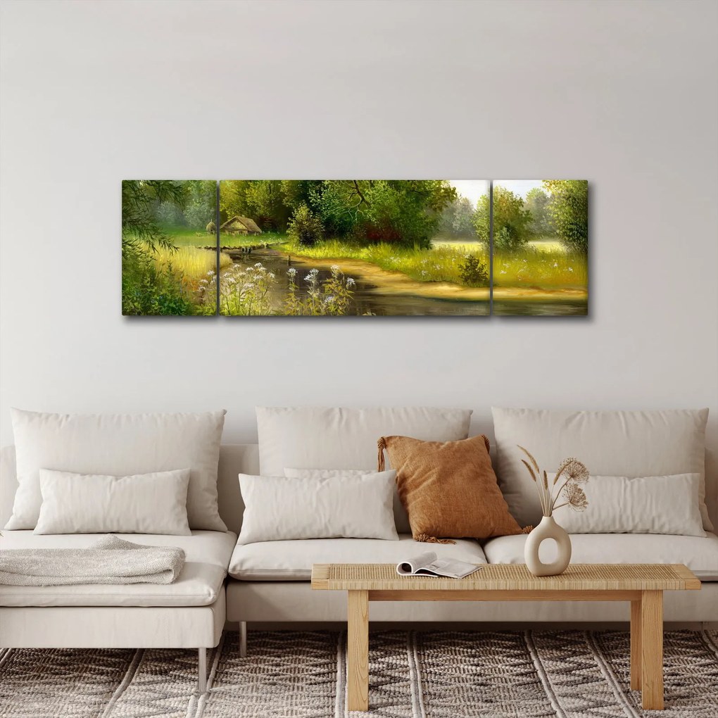 Obraz - Rzeka przy lesie, obraz olejny (170x50 cm)