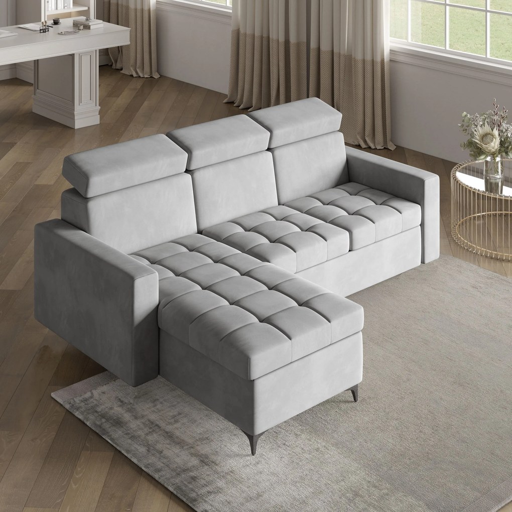 Masseno Narożnik KAME z funkcją spania i pojemnikiem na pościel Narozniki L, Rozkładana sofa - Jasnoszary, PAROS 05