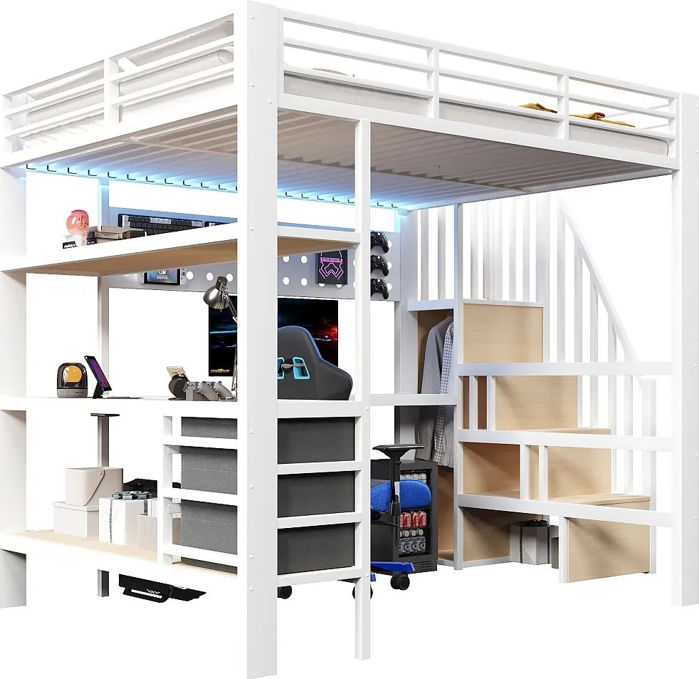 Łóżko piętrowe metalowe dla dzieci - 140 x 200 cm - z półkami + szufladami + biurkiem + drabinką + diodami LED - białe