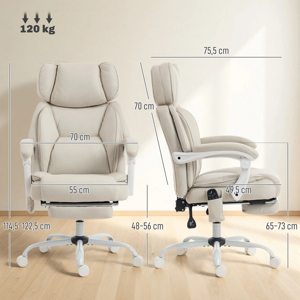 HOMCOM Wysokie krzesło biurowe z masażem wibracyjnym i podgrzewaniem, ergonomiczne, regulowane, z podnóżkiem, kremowobiały | Aosom PL