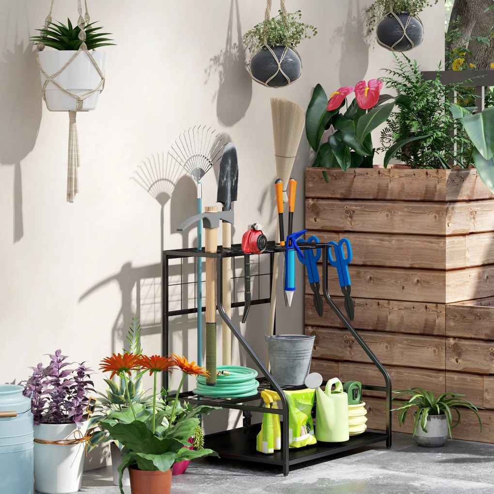 Outsunny Regał na narzędzia ogrodowe, 3-poziomowy stojak na narzędzia, organizer na narzędzia ogrodowe, Metal, Pomarańczowy