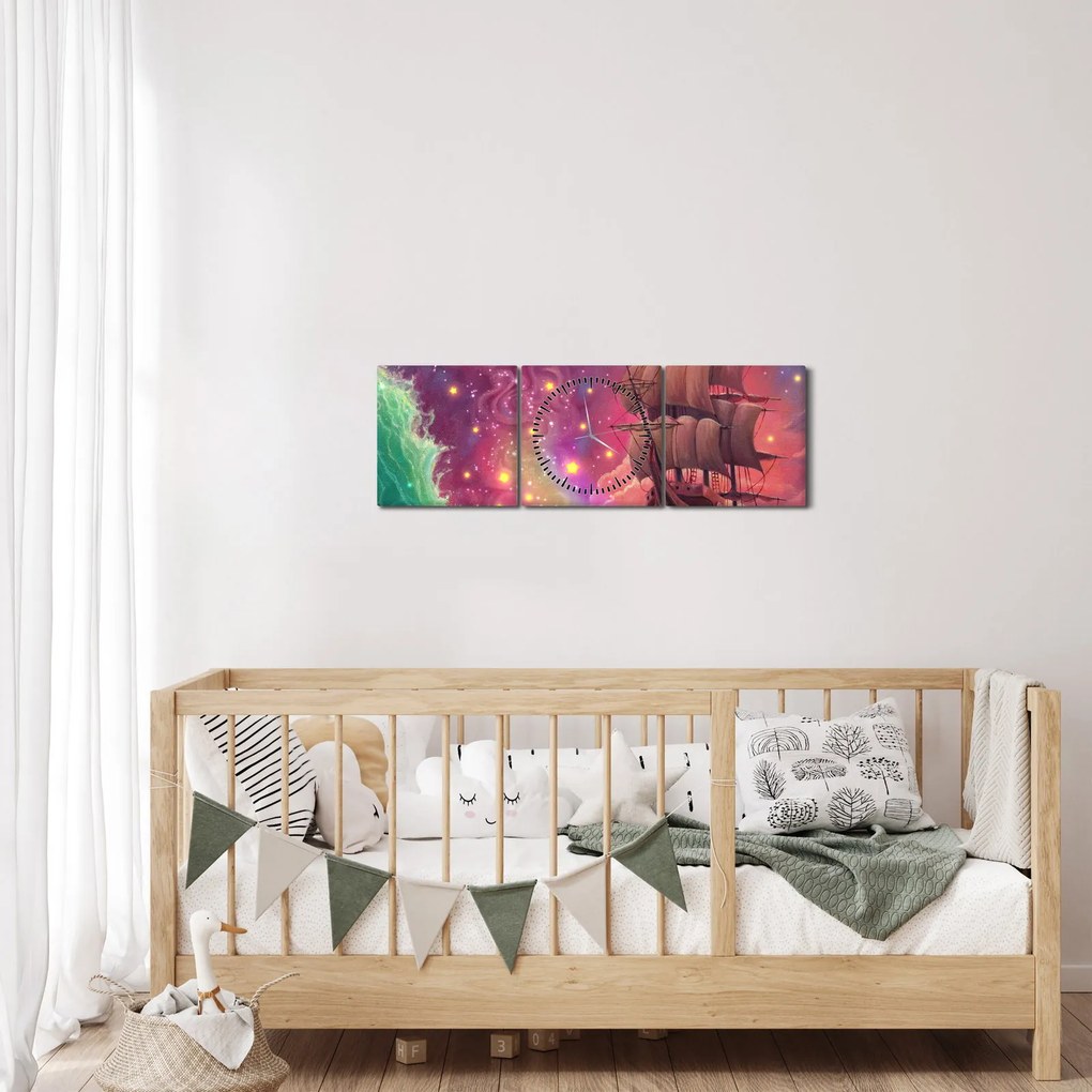 Obraz - Statek z kosmicznym niebem (z zegarem) (90x30 cm)