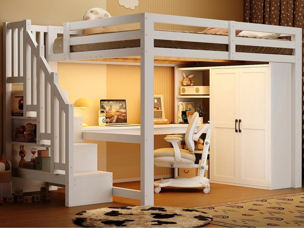 Łóżko na antresoli 140x200 cm - z oświetleniem LED - z biurkiem i szafą - drabina z pojemnikami - port USB - biały​ (materac nie jest wliczony w cenę)