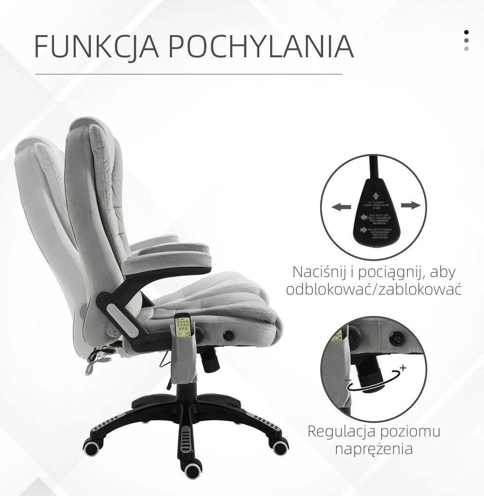 Vinsetto fotel biurowy do masażu krzesło obrotowe 6-punktowy masaż i ogrzewanie ergonomiczny odchylany do 130° z pilotem do 120 kg szary | Aosom PL