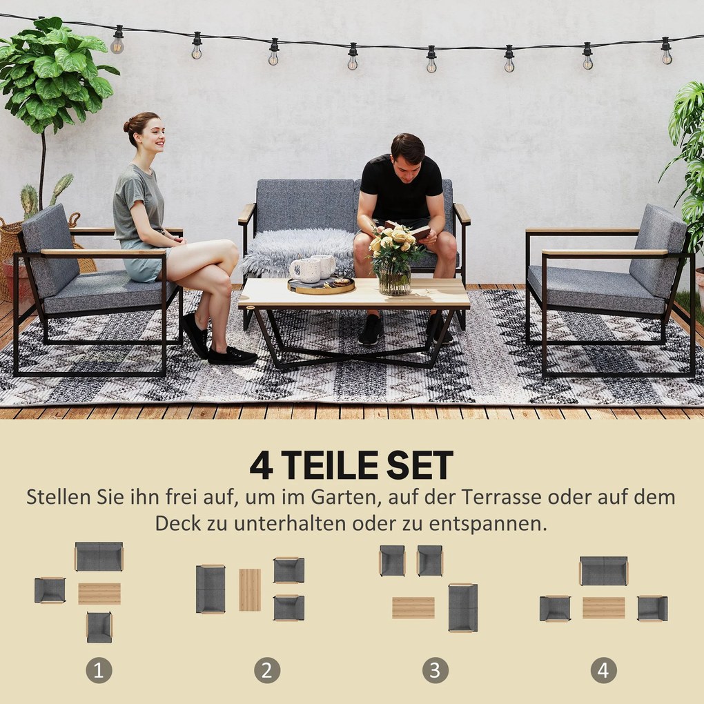 Outsunny Zestaw Mebli Ogrodowych dla 4 Osób Wodoodporny, ze Sofą 2-osobową, 2 Krzesłami i Stolikiem, Szary