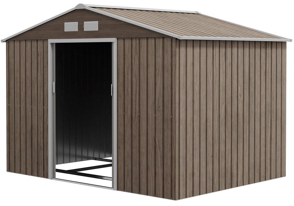 Outsunny Schowek Ogrodowy, 2 Drzwi Przesuwne, 4 Okna, Odporny na Warunki Atmosferyczne, Metalowa Konstrukcja, 2,7 x 1,9 x 1,9 m, Brązowy