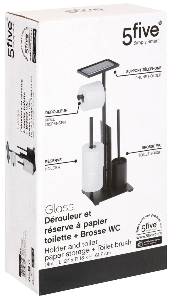 Stojak na papier toaletowy GAMME GLASS + rezerwa, szczotka WC i półeczka, 28,1 x 18 x 61,5 cm
