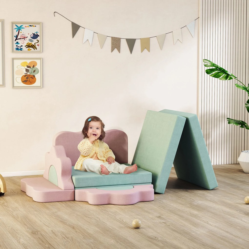 AIYAPLAY 12-częściowy zestaw klocków piankowych do wspinaczki, budowania, pełzania, maty do zabawy w pomieszczeniach z pokryciem z weluru, Zielony+Różowy