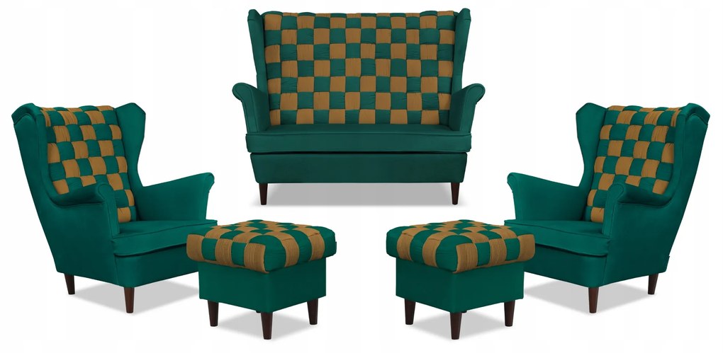 Zestaw uszak CAROL DUO sofa fotele pufy Family Meble zielono - brązowy