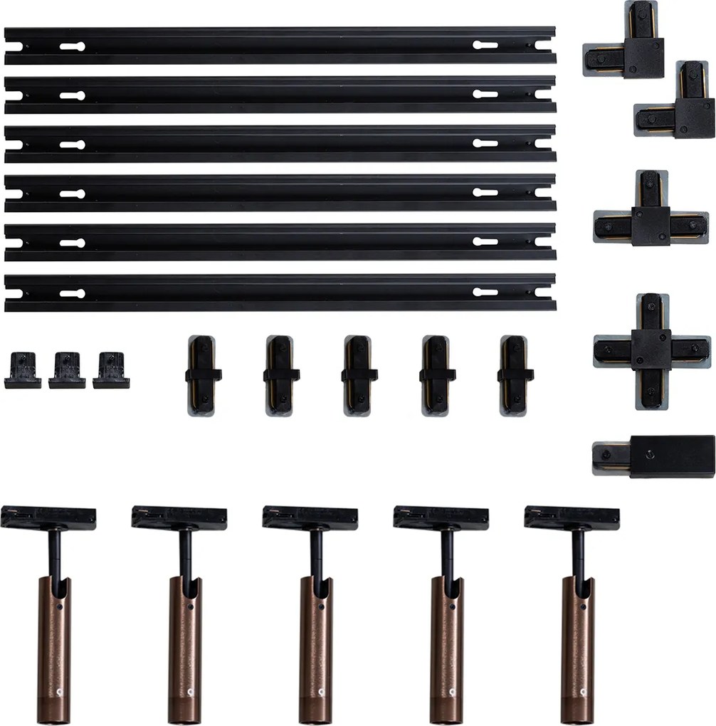 Nowoczesny system oświetlenia szynowego z 5 reflektorami, ciemny brąz, 1-fazowy, GU10, 35 mm - Iconic Jeana Luxe