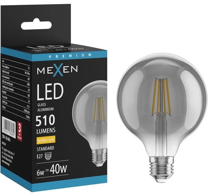 Mexen Vintis żarówka filament LED E27, G95, 6W, Ciepła - 2700K, 510 lm, smoke - L157-E27-0627-70