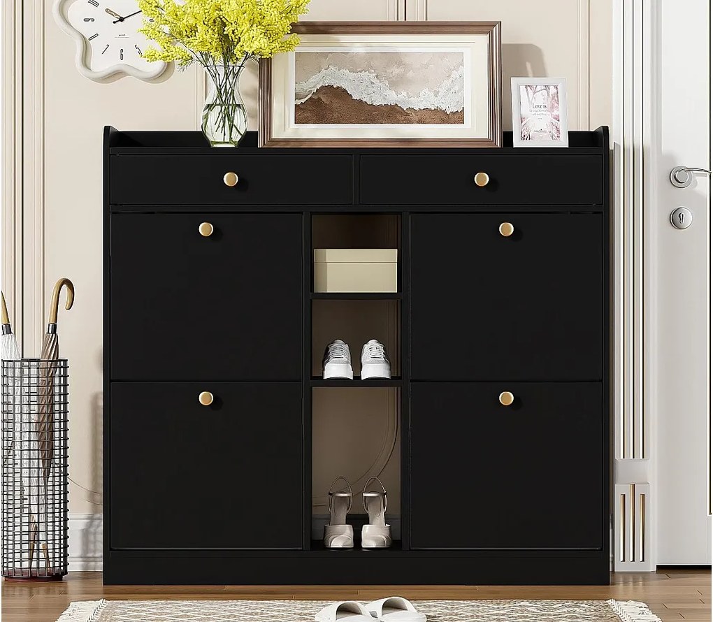 Szafka na buty 110 x 26 x 100 cm - z 4 drzwiami - 2 szufladami - 3 otwartymi przegrodami - czarna