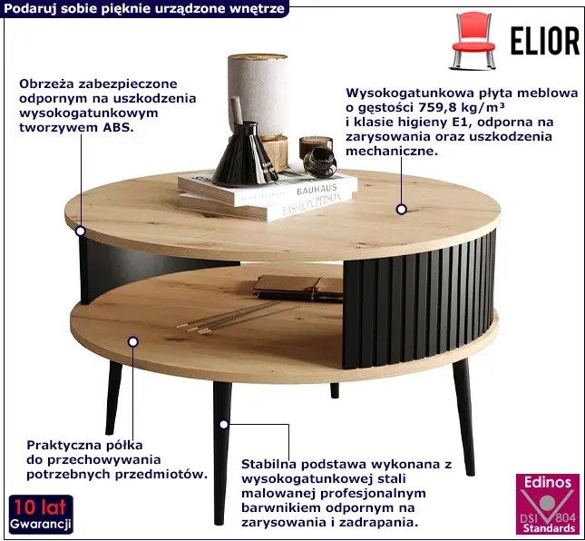 Okrągły loftowy stolik kawowy dąb artisan + czarny - Tubbi 3X