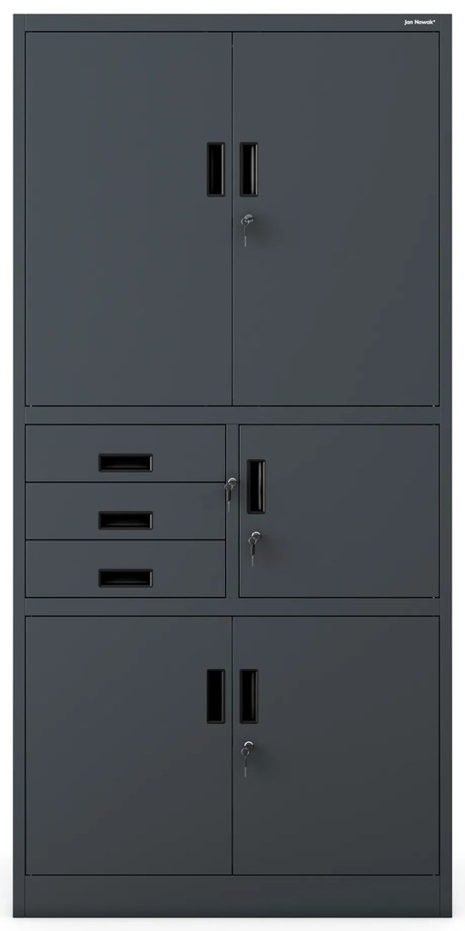 Szafa biurowa metalowa z sejfem i szufladami antracytowa, 900x1850x400 mm: FILIP II